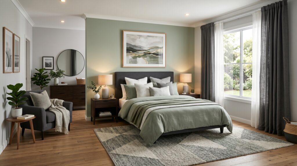 Modern master bedroom with a sage green accent wall, geometric rug, and a cozy charcoal grey armchair.