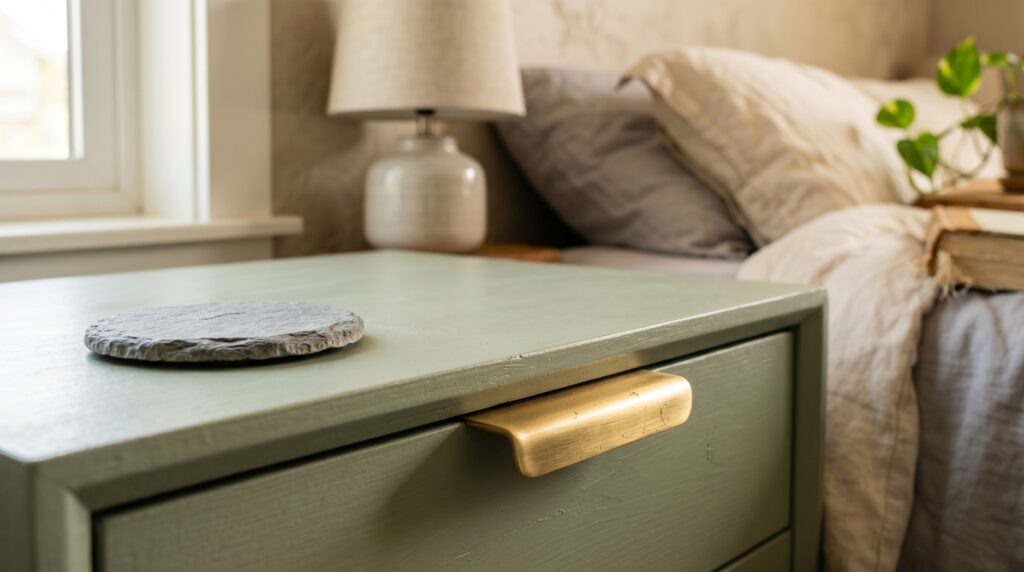 Sage green painted nightstand featuring a modern gold brass handle and a slate stone coaster on top.