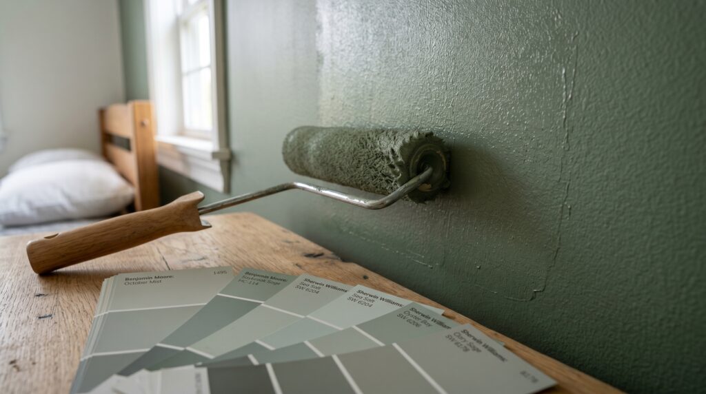 Paint roller applying sage green paint to a textured wall next to Benjamin Moore and Sherwin Williams swatches.