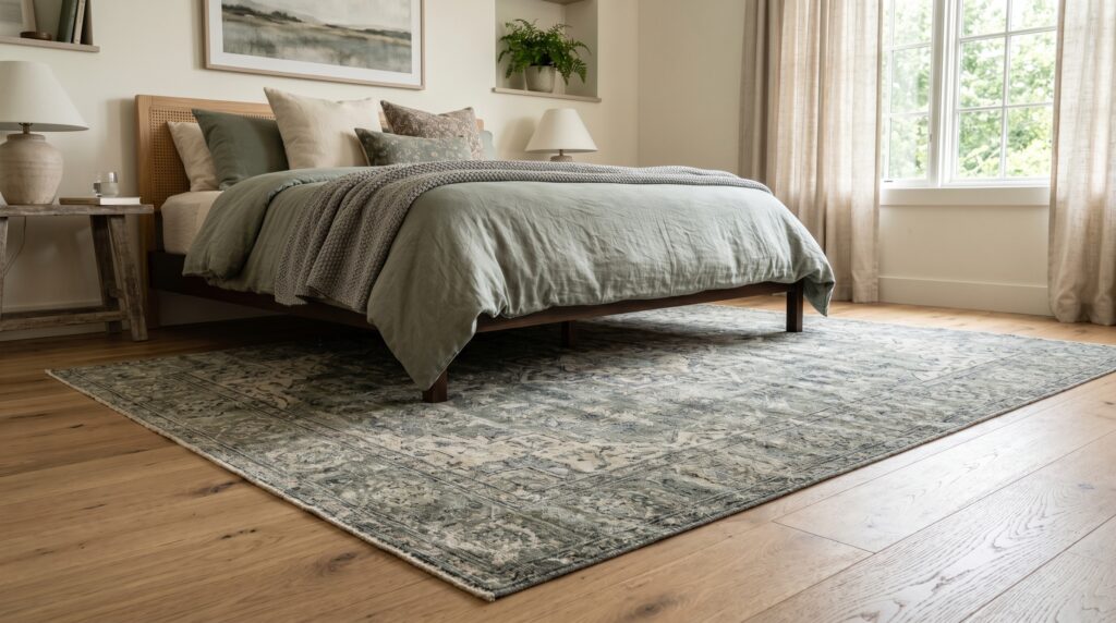Distressed Persian area rug in sage and blue tones on light oak wood floors in a contemporary bedroom.