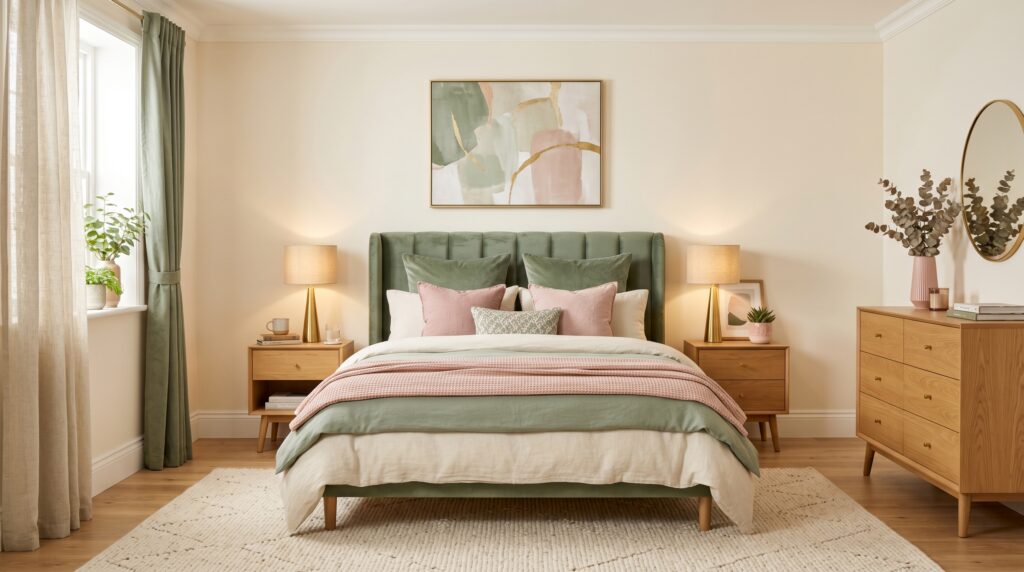 Sage green tufted bed in a contemporary mid-century bedroom with pink pillows and gold lamps in a bright home interior.