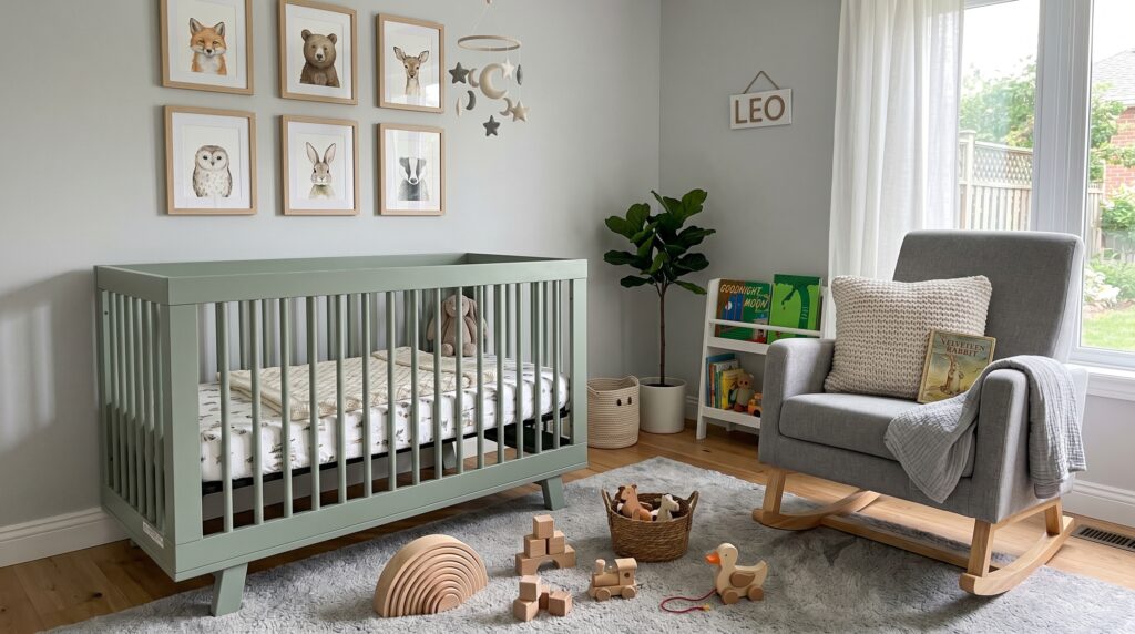 Sage green crib in a whimsical woodland nursery with an animal gallery wall and Scandi-style wooden toys.