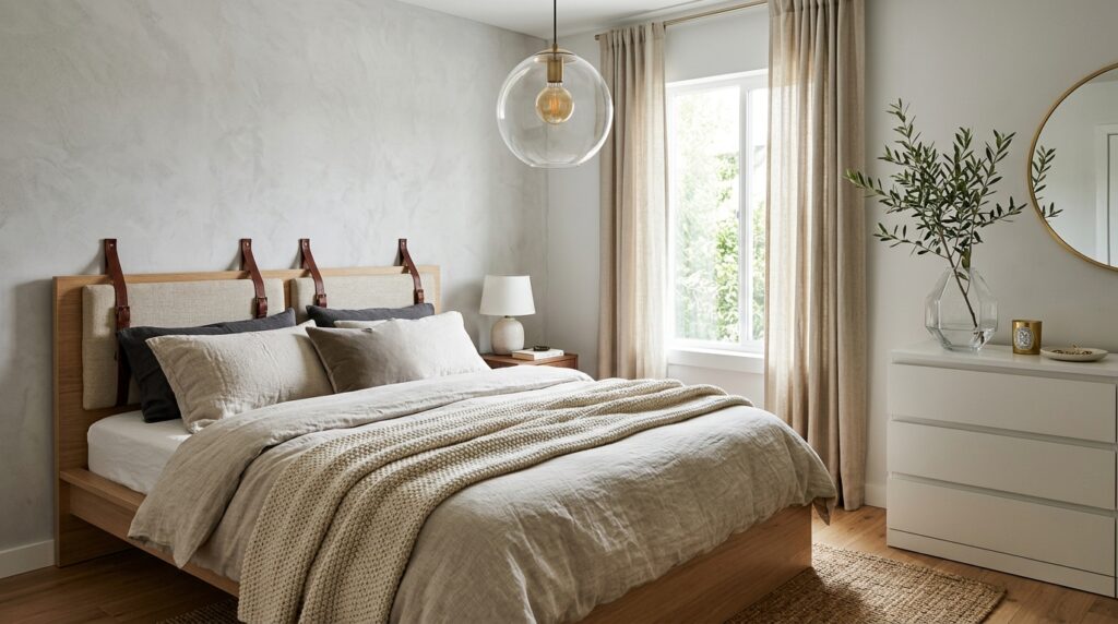 Neutral bed with leather strap headboard and glass globe pendant light in a minimalist Scandi-style bedroom.