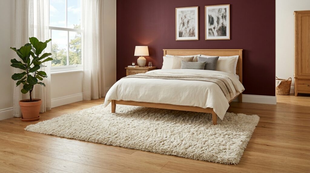 Scandi style bedroom with a deep burgundy wall, oak bed frame, and plush cream shag rug on hardwood floors.