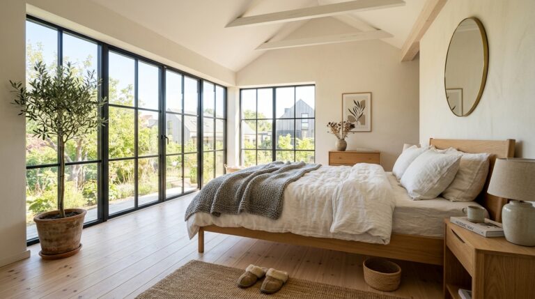 Wood platform bed in an airy Scandinavian bedroom featuring large floor-to-ceiling windows and garden views.