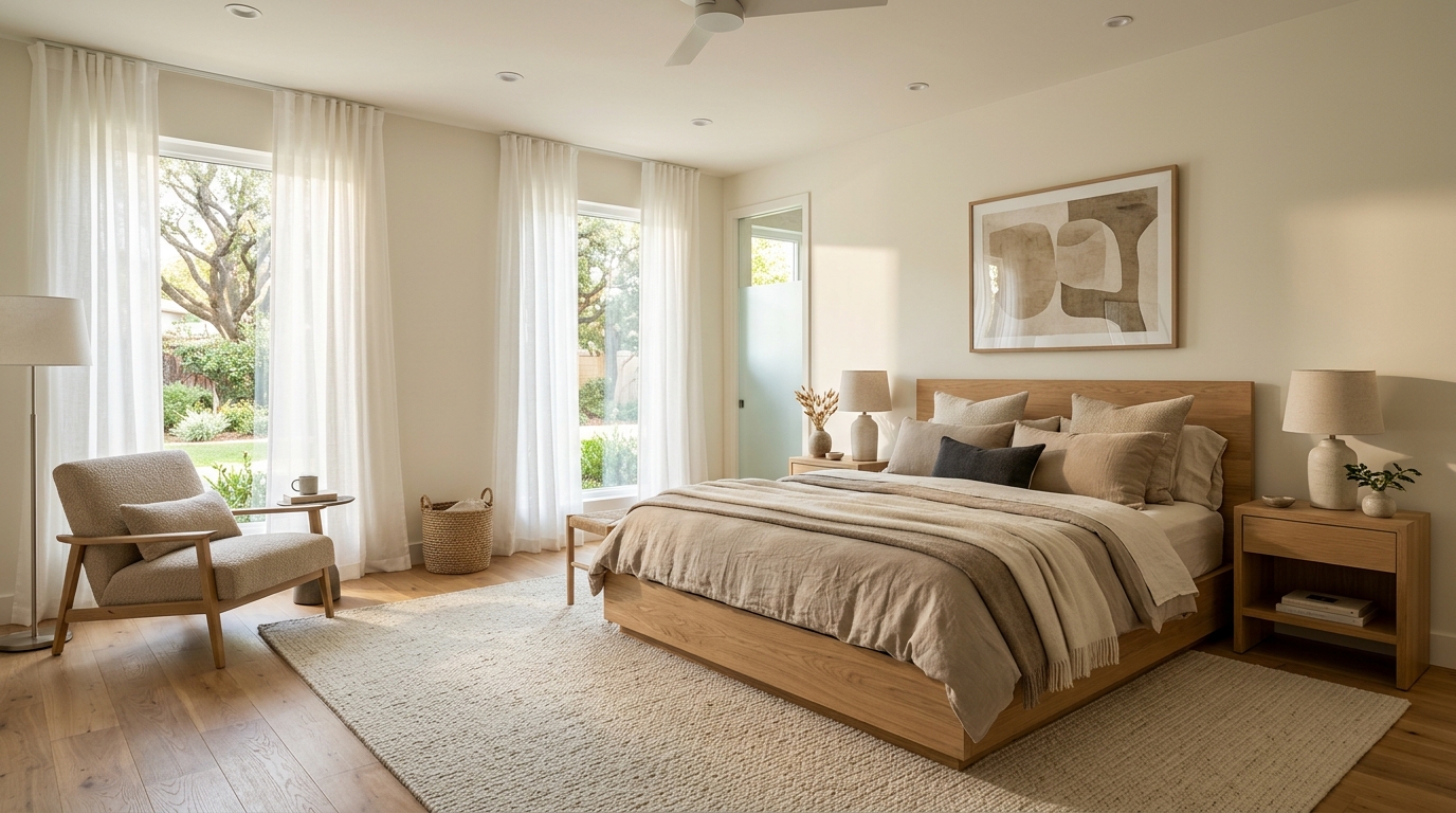 Airy Scandinavian style bedroom with light oak furniture, white linen curtains, and a comfortable accent chair.