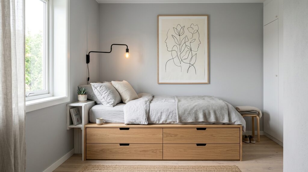 Single bed with oak storage drawers in a minimalist Scandinavian small bedroom with line art wall decor.