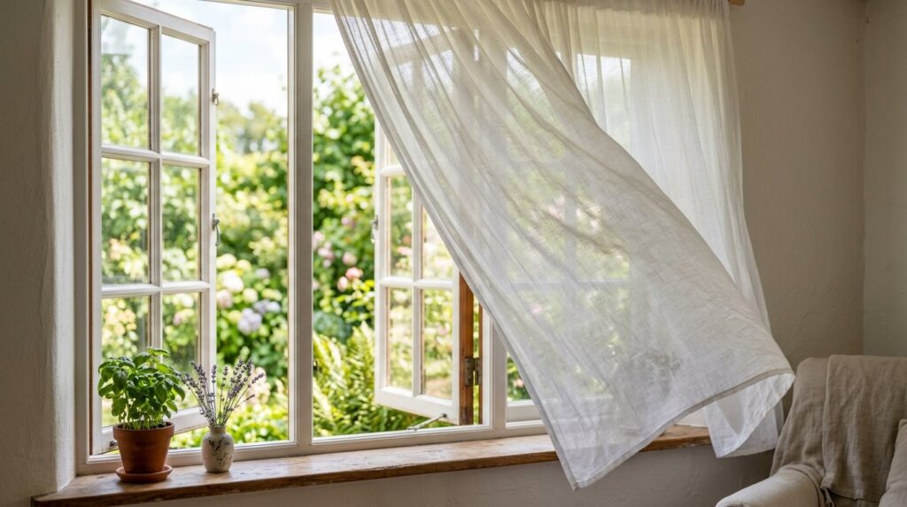 Sheer white curtains blowing in an open window with potted basil on a rustic sill overlooking a lush summer garden.