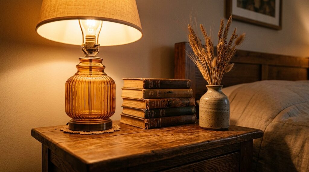 Close-up of a rustic wooden nightstand featuring a glowing amber glass lamp, a stack of vintage books, and a small ceramic vase with dried wheat stalks in a cozy bedroom setting.