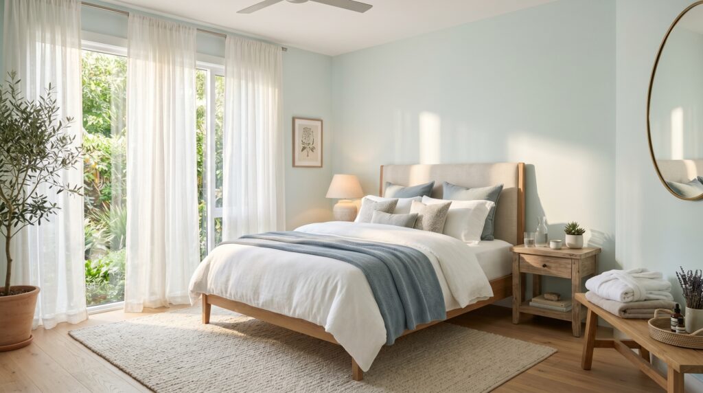 Serene spa-like bedroom with pale seafoam walls, white linen bedding, and airy sheer curtains for a calm vibe.