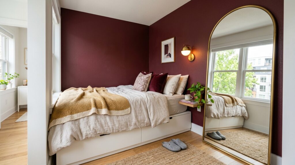 Small bedroom with burgundy walls featuring a white storage bed and a large gold arched floor mirror.