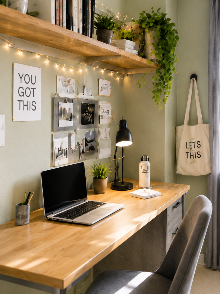 Minimalist wooden study desk with a laptop, trailing plants, and string lights against a sage green wall.