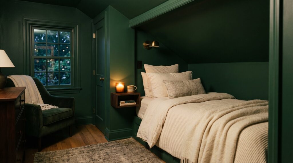 Cozy forest green attic bedroom with a built-in bed, velvet armchair, and warm candle light in a moody nook.