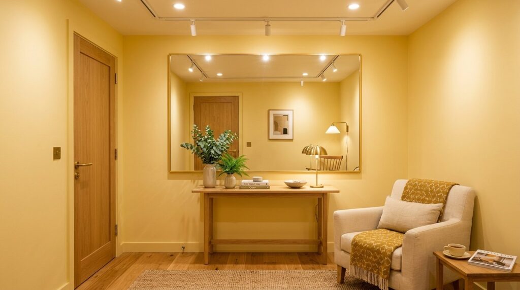 Modern yellow room with a large gold-framed mirror, a light wood console table, and a cozy cream armchair with a patterned throw.