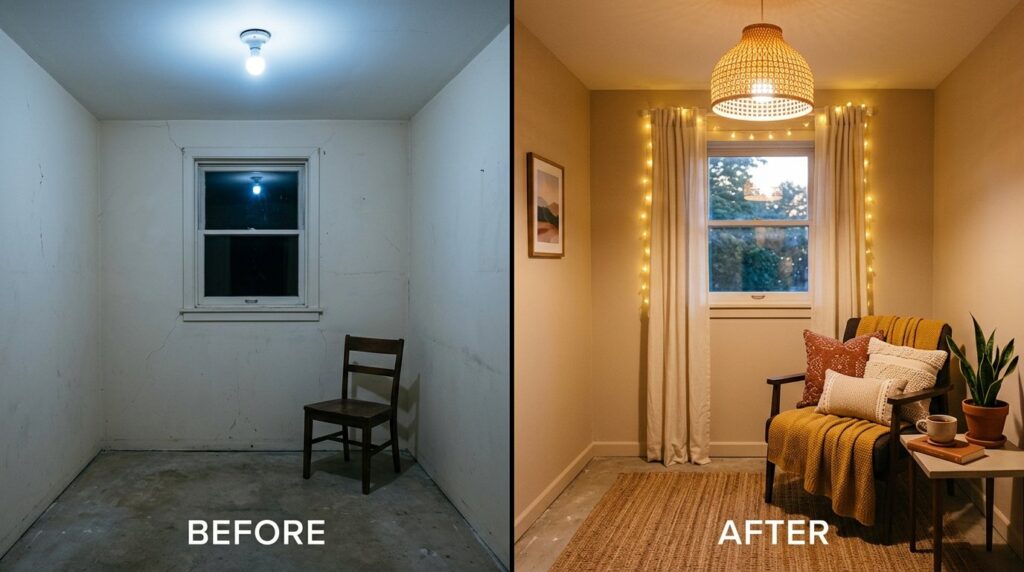 Side-by-side before and after room makeover showing a dim empty space transformed into a cozy boho reading nook.