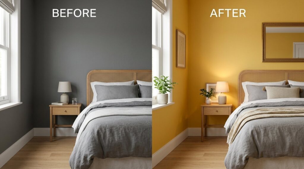 Before and after comparison of a bedroom transformation from moody charcoal grey walls to warm mustard yellow.