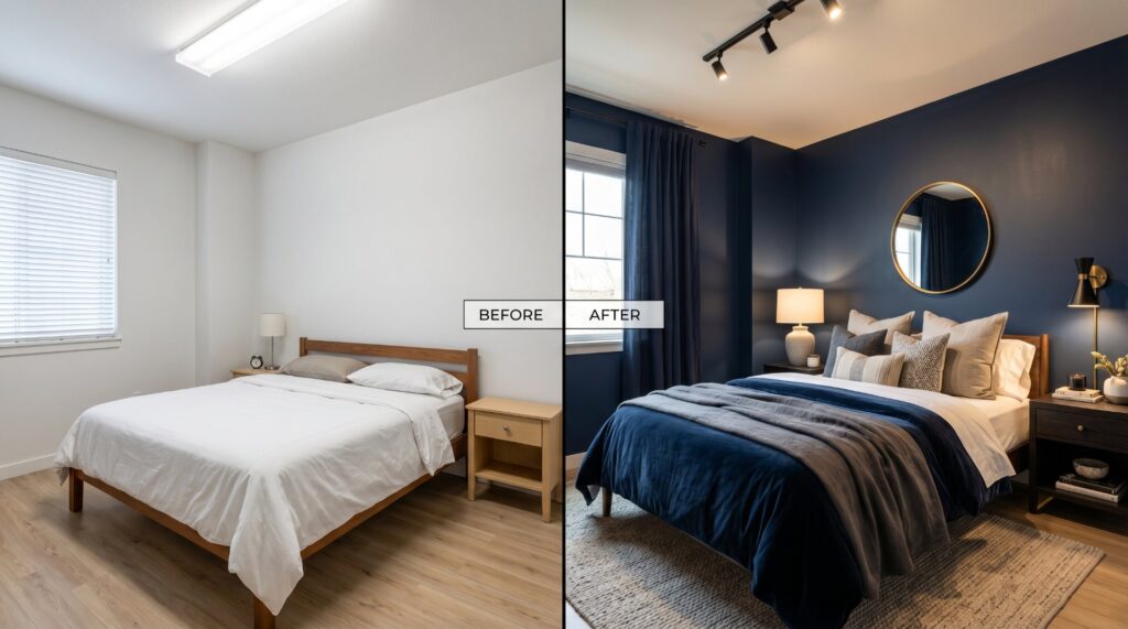 Before and After split-screen showing a basic bedroom transformed into a moody blue retreat with a dark wall.