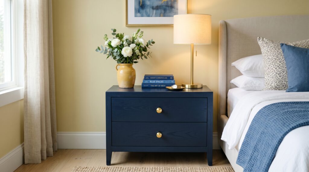 Styled navy blue nightstand with a gold lamp, white flowers in a yellow vase, and blue books by a bed.