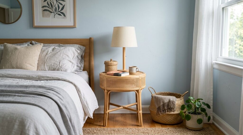 Round rattan nightstand with a lamp in a serene boho bedroom featuring light blue walls and neutral bedding.
