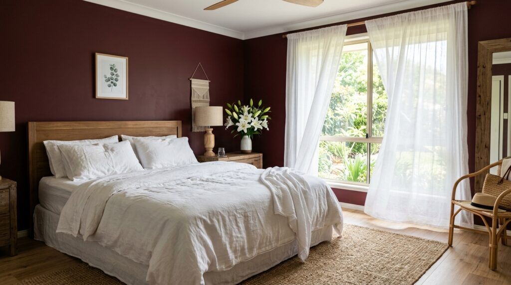 Bright maroon bedroom styled for summer with white linen bedding, a jute rug, and light wooden furniture.