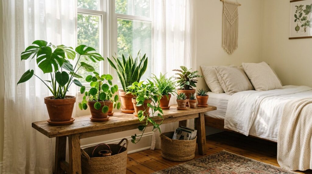 Lush monstera and snake plants in terracotta pots on a rustic wooden bench in a sunlit boho bedroom.