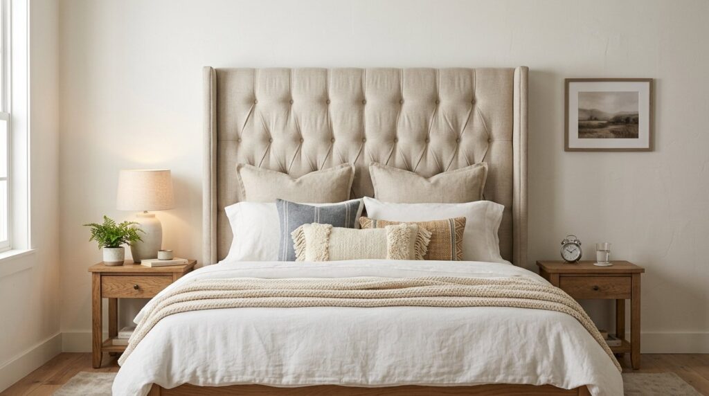 Tall beige tufted wingback headboard with layered pillows and wooden nightstands in a bright, neutral bedroom.