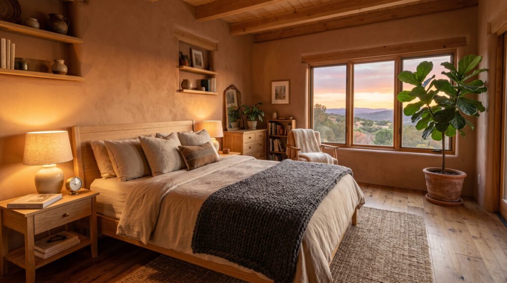 Earthy terracotta bedroom with a chunky knit blanket and sunset mountain views through a large window.