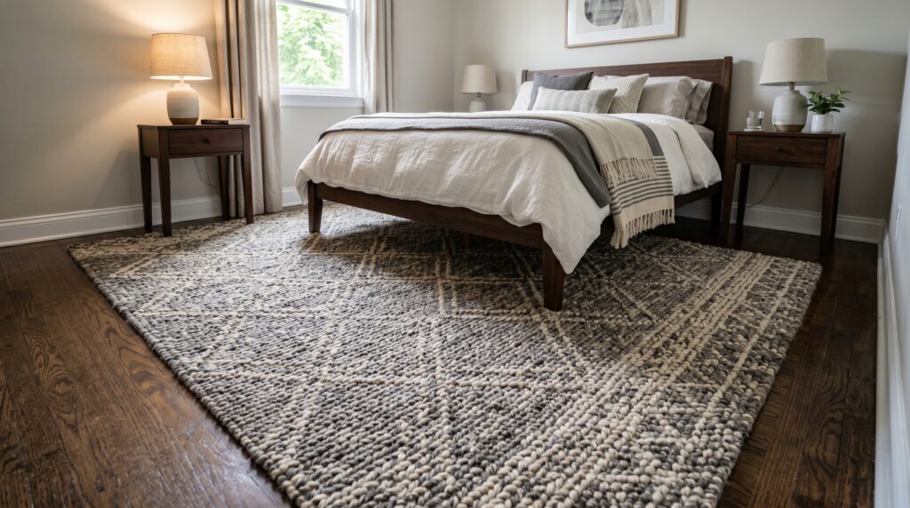 Textured grey and white diamond pattern wool rug under a dark wood bed in a cozy bedroom.