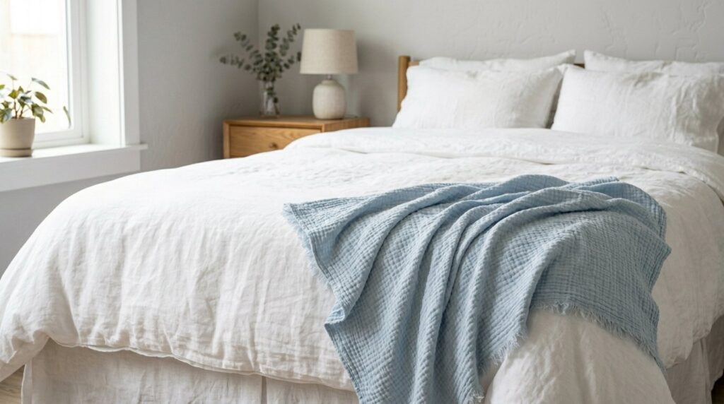 Light blue textured muslin throw blanket draped over white linen bedding in a bright, minimalist neutral bedroom.