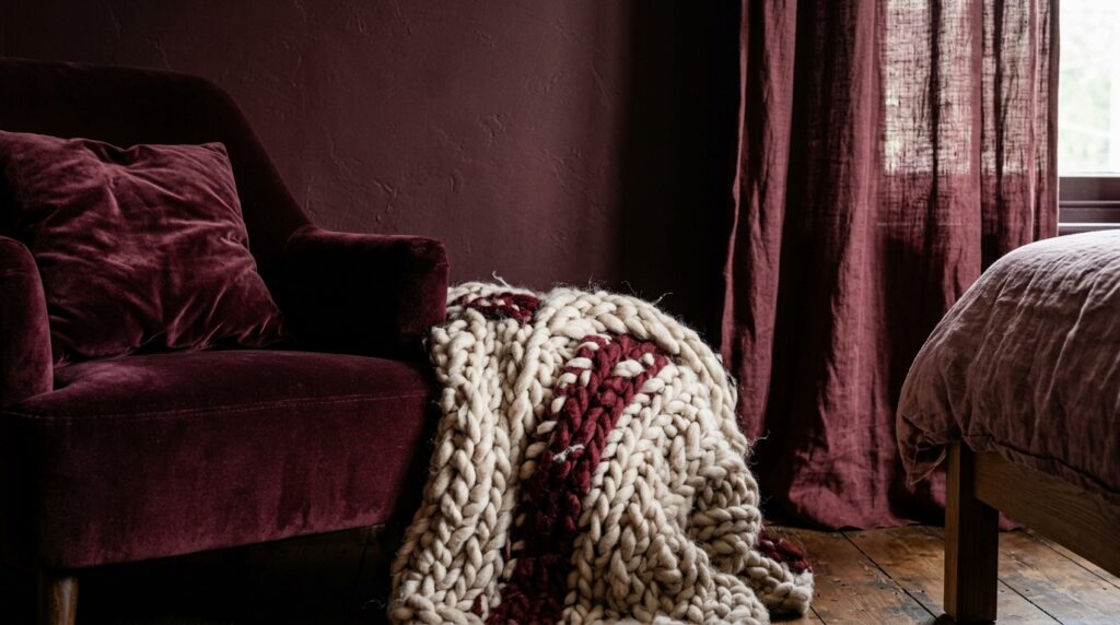 Detail of a velvet plum armchair with a thick chunky knit blanket in a moody textured burgundy room.