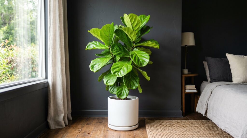 Vibrant Fiddle Leaf Fig in a white pot against a moody dark wall in a modern minimalist bedroom.