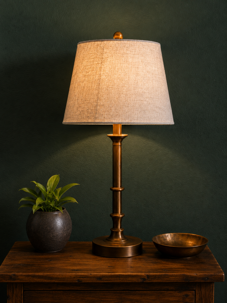 Lit brass table lamp in a vintage style with a linen shade on a wooden nightstand against a dark green wall.
