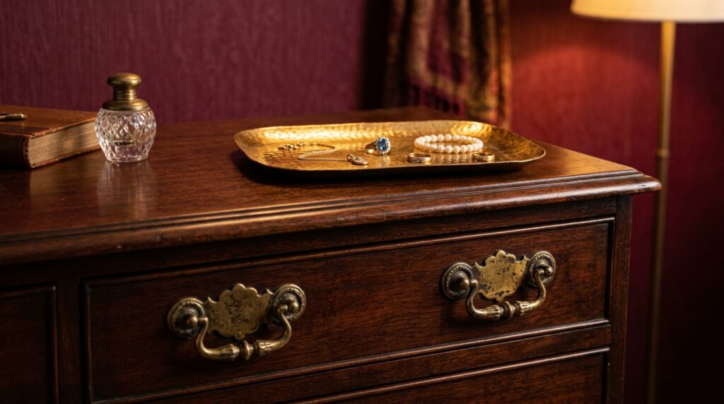 Close up of gold jewelry on a hammered brass tray atop a vintage dark wood dresser with a crystal perfume bottle.