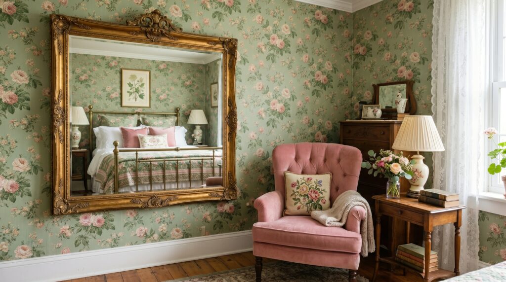 Vintage bedroom with floral wallpaper, a large ornate gold mirror, and a pink velvet chair in a Victorian style home.