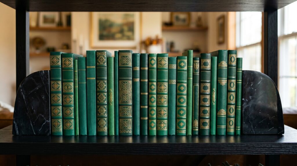 Collection of vintage green leather-bound books with gold detailing held by black marble bookends on a shelf.