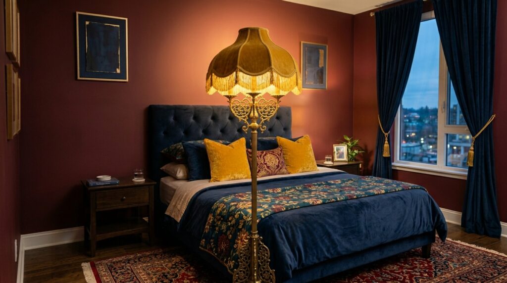 Moody vintage bedroom with maroon walls, navy blue velvet headboard, and an ornate gold fringe floor lamp.