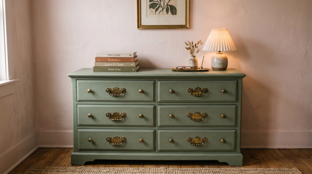 Sage green vintage dresser with brass handles and a pleated lamp against a soft pink wall in a cozy bedroom.