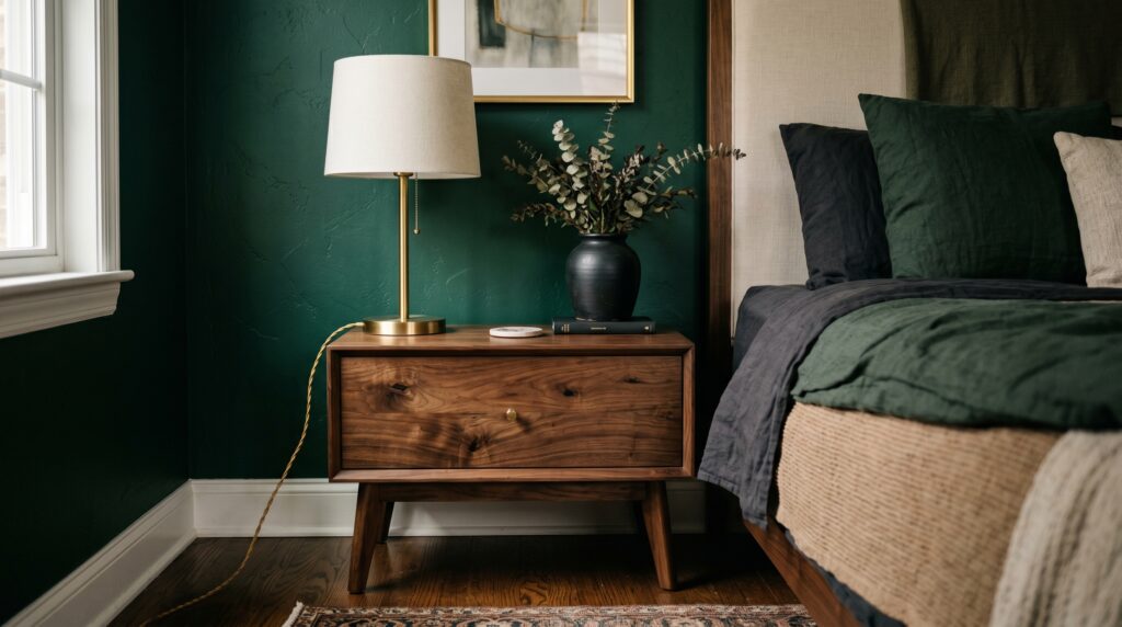 Mid-century modern walnut nightstand paired with a gold lamp against a textured dark green bedroom wall.