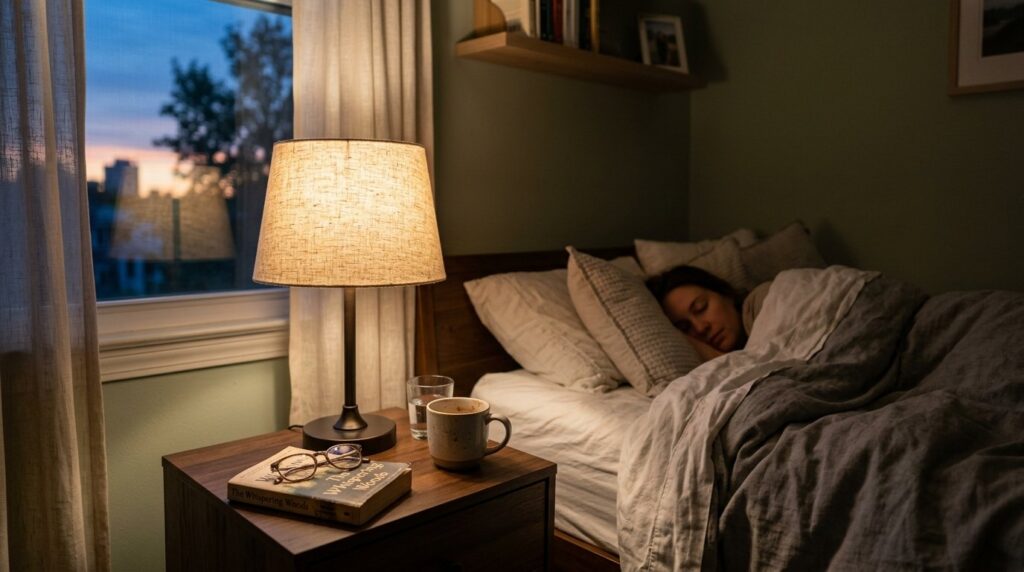 Person sleeping in a cozy bedroom with a warm lamp glowing on a bedside table with a book, glasses, and a mug.