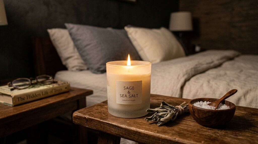Lit Sage & Sea Salt candle on a rustic wooden bench in a cozy bedroom with dried sage and a bowl of sea salt.