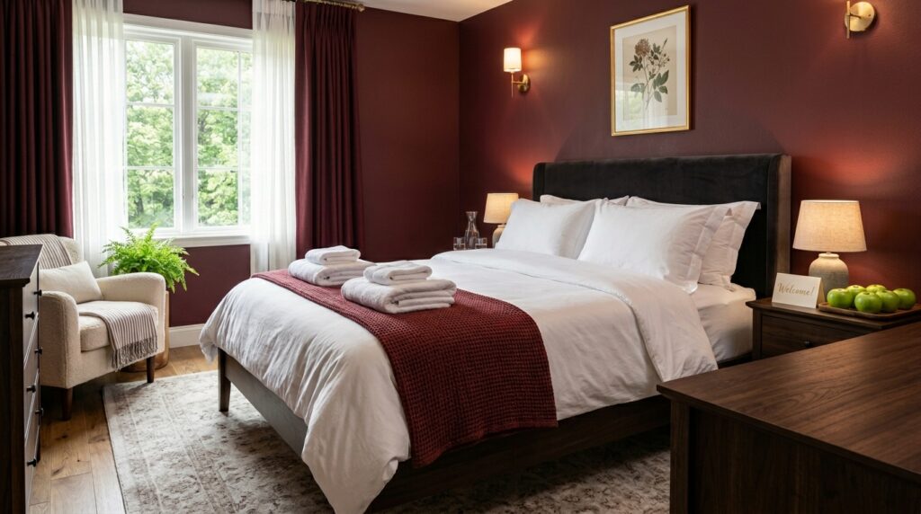 Welcoming guest bedroom with burgundy accent wall, crisp white bedding and fresh green apples on the nightstand.