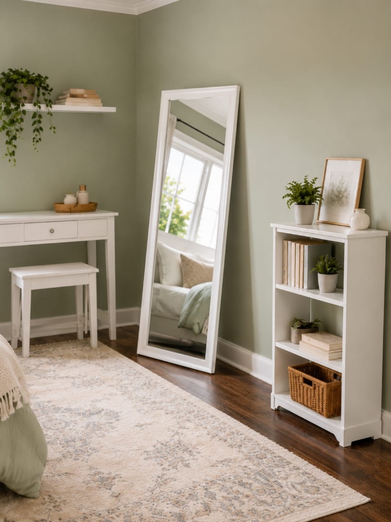 White Bookcase Leaning Floor Mirror