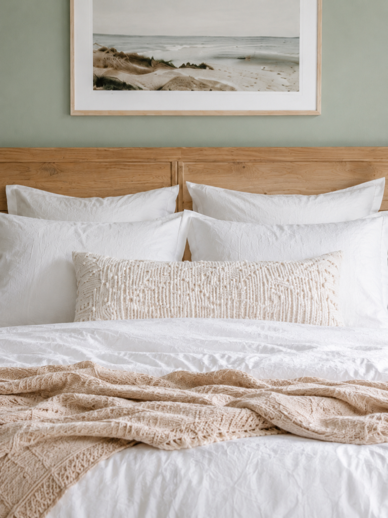 Cozy white textured bedding layered with a beige knit throw blanket and a long cream lumbar pillow on a wooden bed.