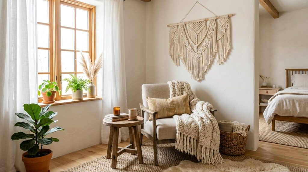 Cozy bohemian reading nook featuring a wooden armchair with a chunky knit throw, a large macramé wall hanging, and a sunny window filled with plants.