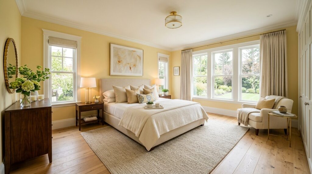 Elegant master bedroom with pale yellow walls, a cream upholstered bed, large windows overlooking a garden, and a cozy reading nook with a cream armchair.