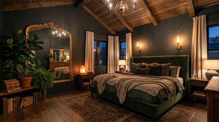 Moody master bedroom with green velvet bed, ornate floor mirror, and vaulted wood ceiling in a luxurious home.