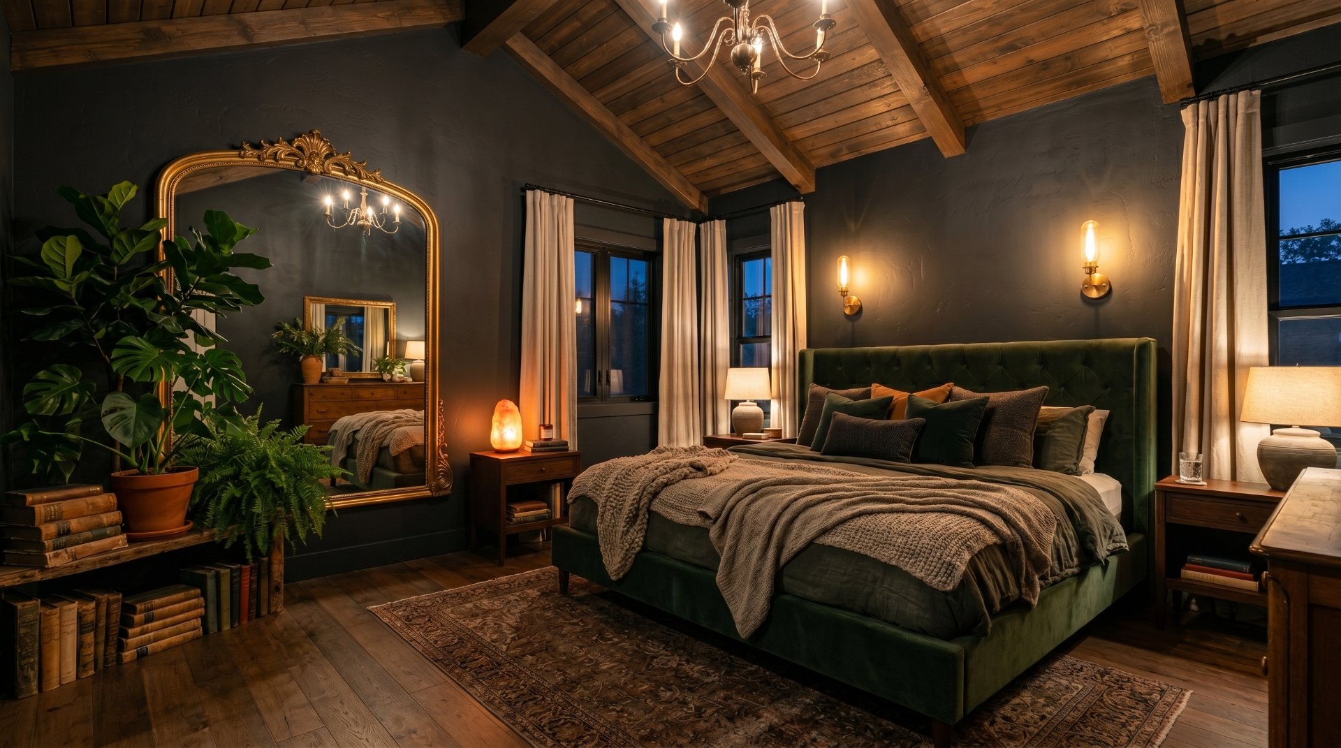 Moody master bedroom with green velvet bed, ornate floor mirror, and vaulted wood ceiling in a luxurious home.