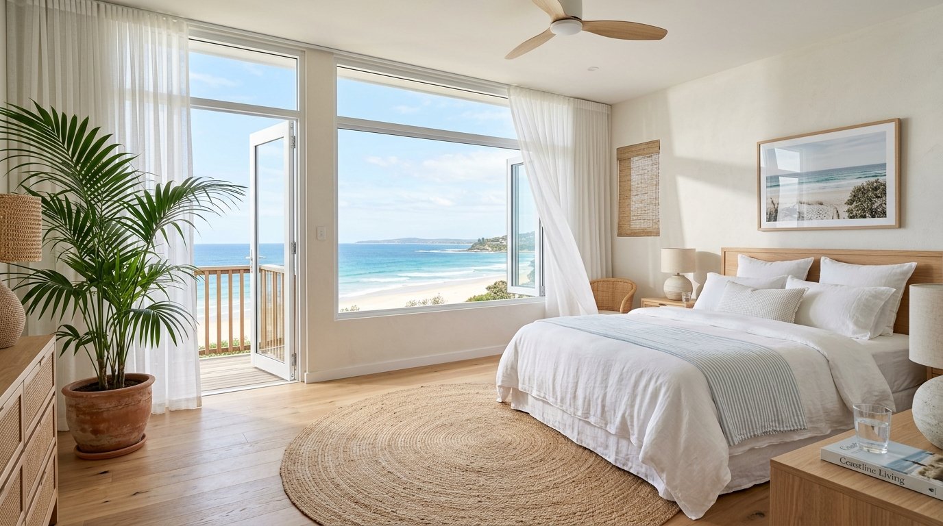 Airy coastal bedroom with ocean views, white linen bedding, and a large palm plant in a luxury beach house setting.