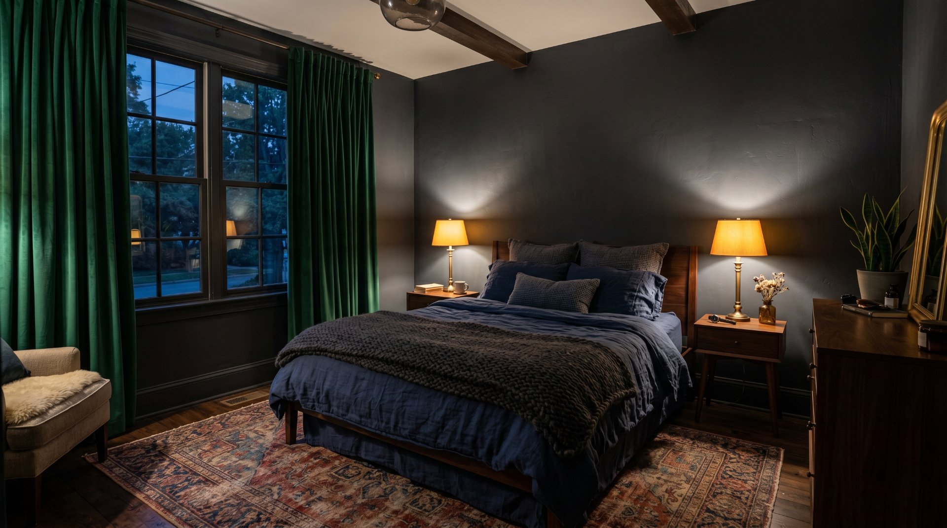 Moody master bedroom with emerald green velvet curtains and navy bedding on a vintage rug.