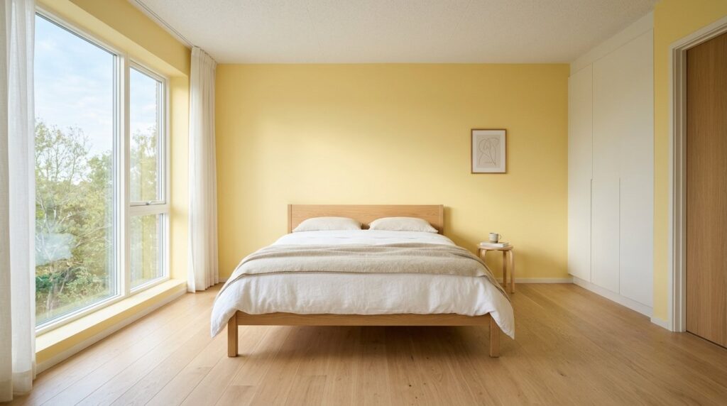 Bright Scandinavian bedroom with light wood platform bed and butter yellow walls overlooking a large scenic window.